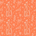 Cute seamless pattern. Romantic Cats in love and hearts. Coral and white colors. Royalty Free Stock Photo